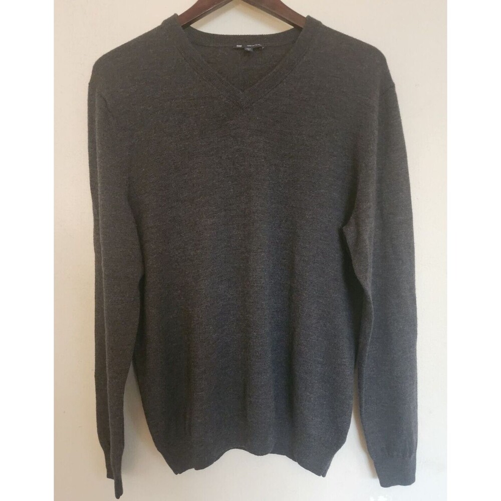Gap Men's Size Large 100% Italian Merino Wool Dark Grey Sweater V Neck Pullover
